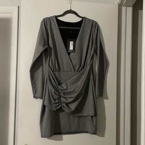 PRETTYLITTLETHING PLUS BLCK GLITTER PLUNGE WRAP BODYCON DRESS US16